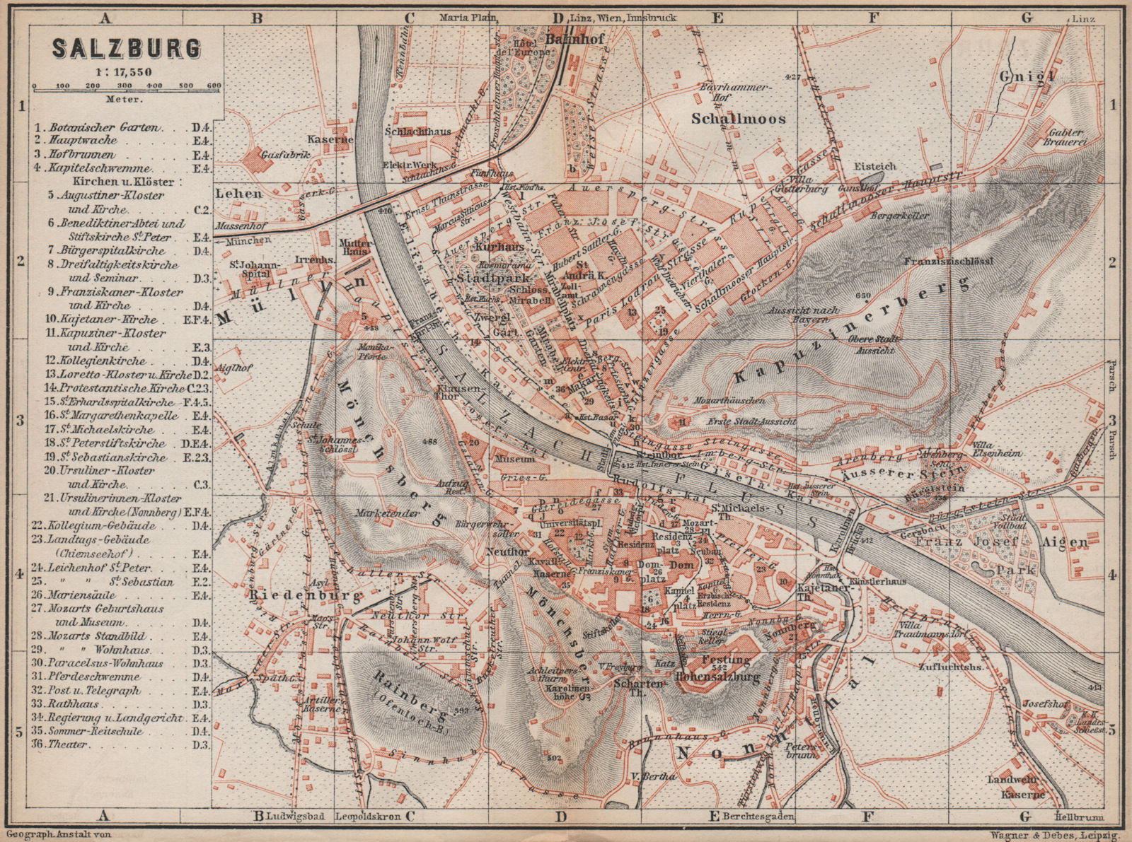 SALZBURG antique town city plan stadtplan. Austria Österreich karte 1899 map